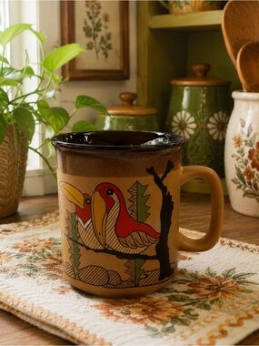 Vintage Northcraft Korea Toucan Bird Mug Retro Folk Art Stoneware